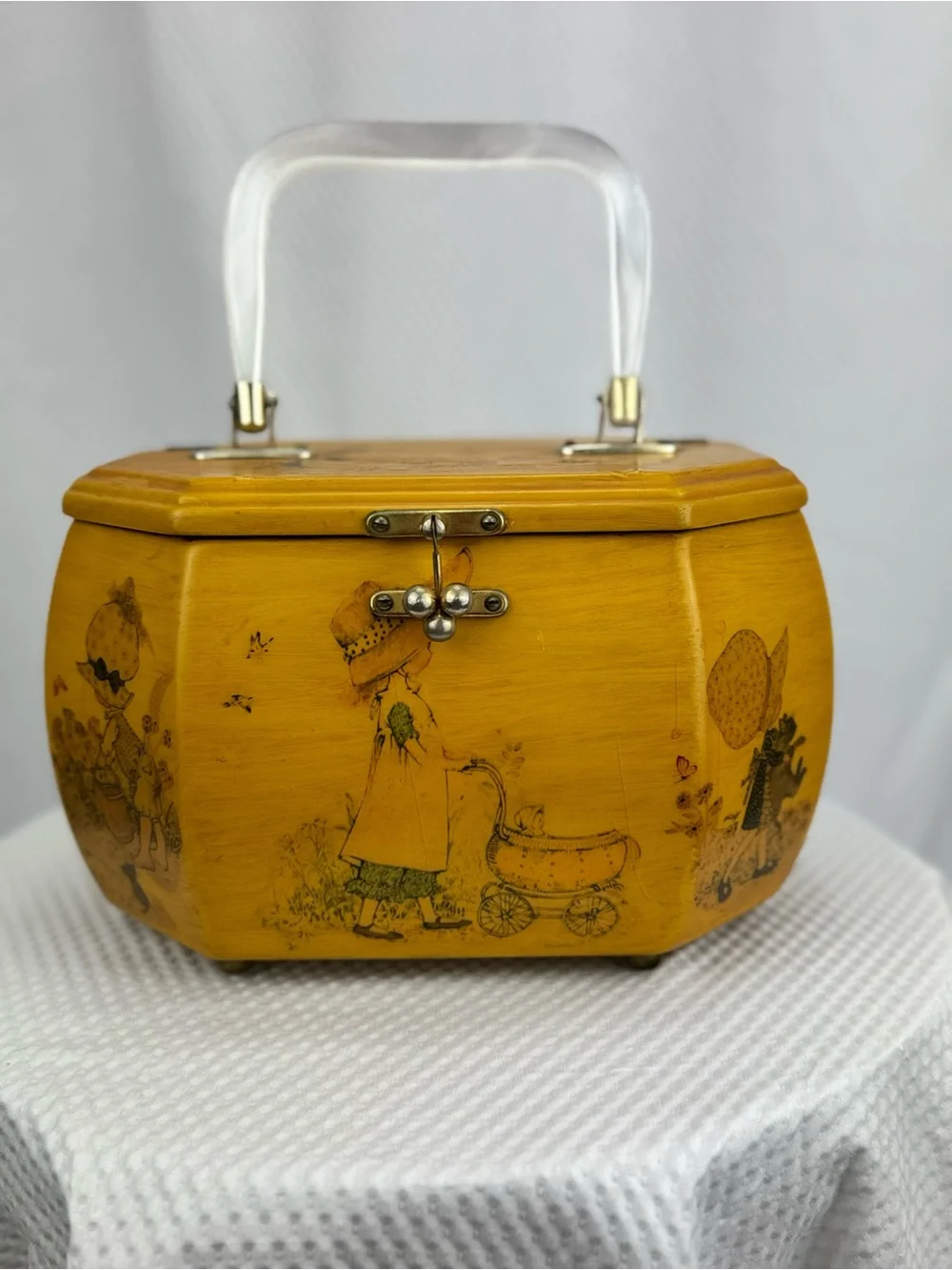 Vintage 70’s Holly Hobbie Decoupage Wooden Purse, box, jewelry,trinkets